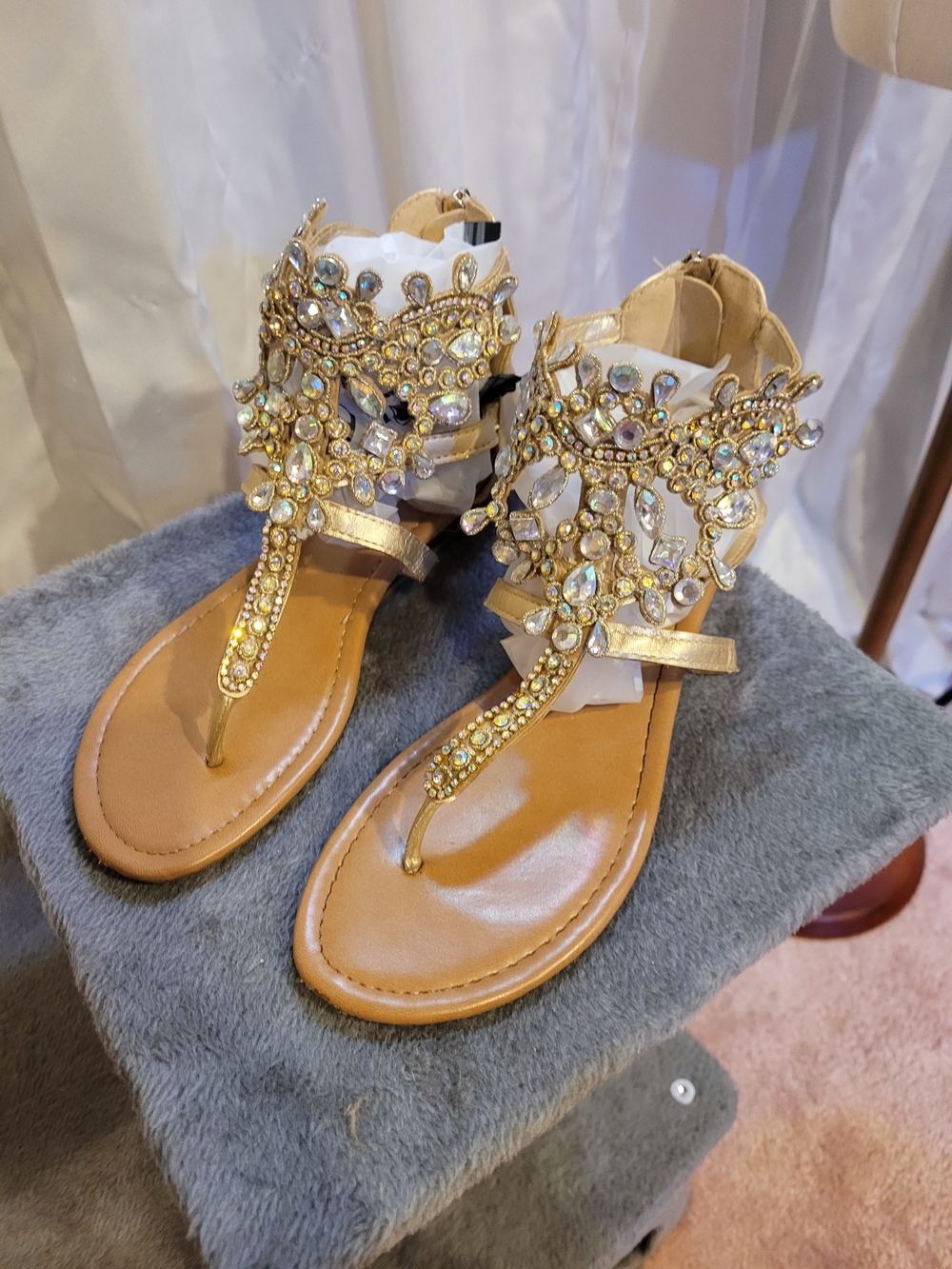 Daisy Fuentes Gold Jeweled T-Strap Sandals